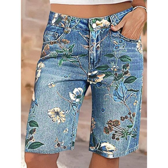Women's High Waisted Floral Bermuda Shorts Denim Summer Casual Fit - Picture 5 of 5